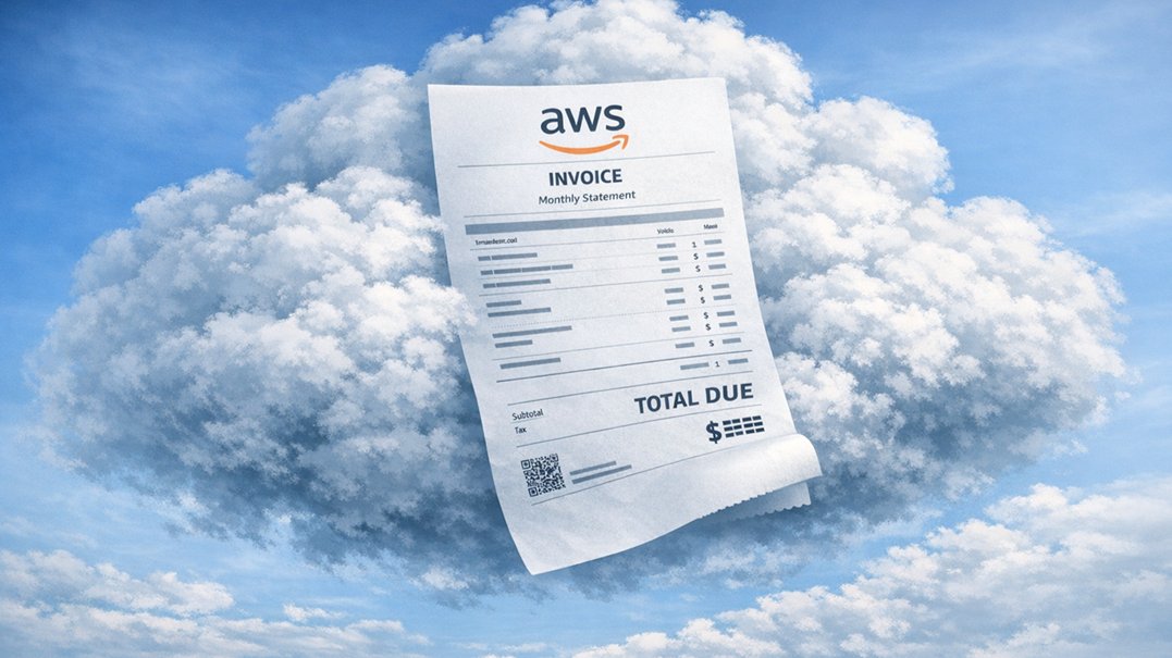An AWS invoice printed on paper, resting on a cloud in a blue sky